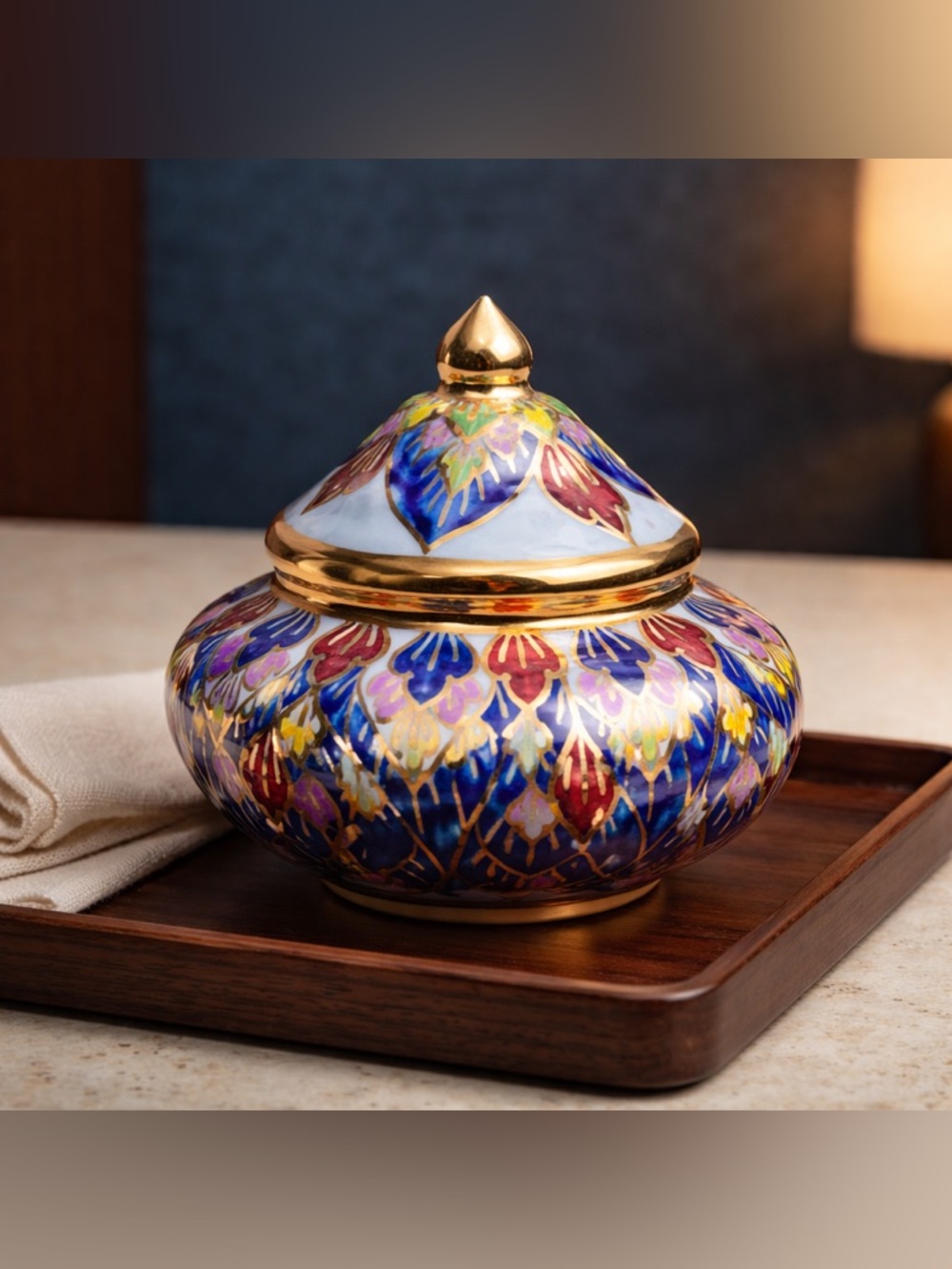 Tip Nam Thong Hand Painted Porcelain Trinket Box Beautiful Inlay Thailand